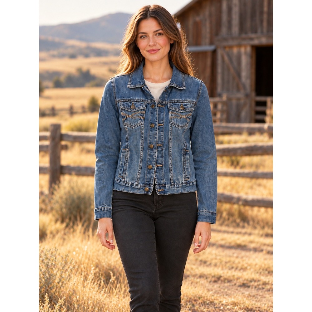 K328. Aeropostale Western Wash Denim Trucker Jacket Distressed Blue M